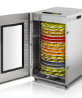 Heavy Duty 16 Trays Commercial Food Dehydrator For Making Sweet Beef Jerky And Dried Fruit All Week Long Without Breaking A Sweat Featuring Stainless Steel Racks And A Reliable 1500 Watt Motor showing colorful dried fruits on trays.