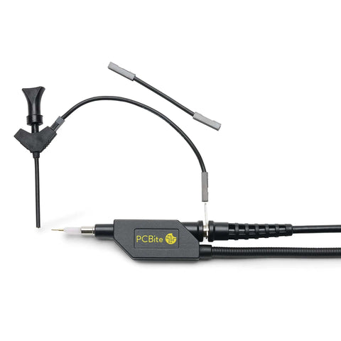Handsfree Oscilloscope Probe SQ100 100MHz for effortless PCB measurements with spring-loaded needle and flexible grounding shown.