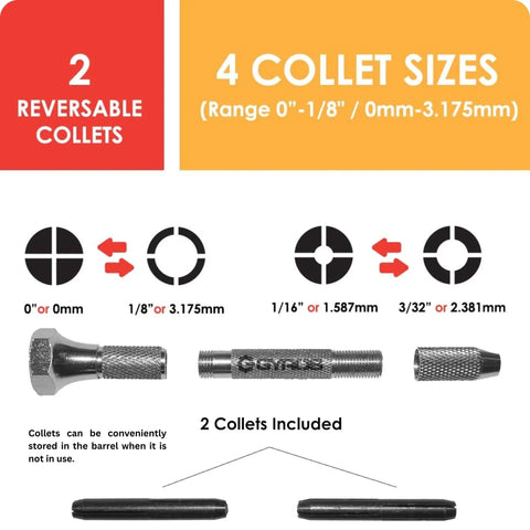 Top Notch Micro Drill Bit Set Number Sixty One Through Eighty With Classic Pin Vise And Compact Dome Case shows 2 reversible collets for drilling.