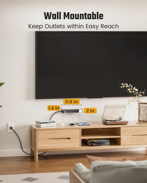 All In One Power Strip With 6 AC Outlets 2 USB C 2 USB A Four And A Half Foot Cord 900 Joules Surge Protection mounted on wall