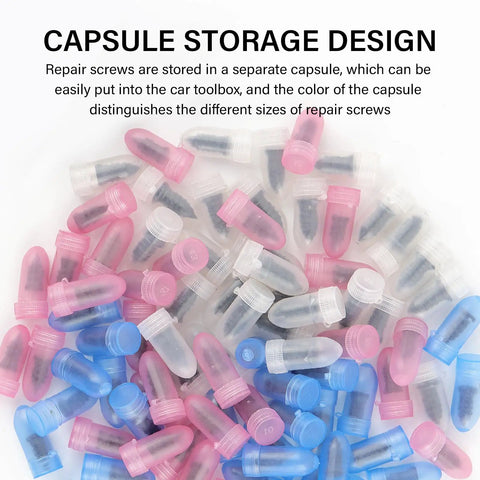 DIY Tire Plug Kit 100 Piece Set With Three Plug Sizes And Screwdriver capsule storage design with colorful containers.