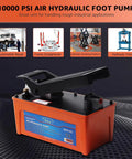 Heavy Duty 10,000 PSI Air Hydraulic Pump With Half Gallon Reservoir, Foot Operated, Workhorse Overload Protection With Internal Pressure Relief Valve, Two Stage Release For Quick Or Metered Ram Return. Orange steel air hydraulic pump for auto repair.