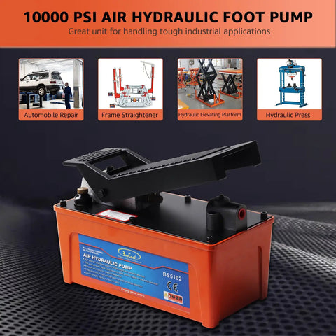 Heavy Duty 10,000 PSI Air Hydraulic Pump With Half Gallon Reservoir, Foot Operated, Workhorse Overload Protection With Internal Pressure Relief Valve, Two Stage Release For Quick Or Metered Ram Return. Orange steel air hydraulic pump for auto repair.