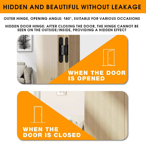 Diagram of Hidden Door Hinges Pack Of 2, 6 Inch, Upgraded Invisible Concealed Hinge System in black, showcasing open and closed door view.