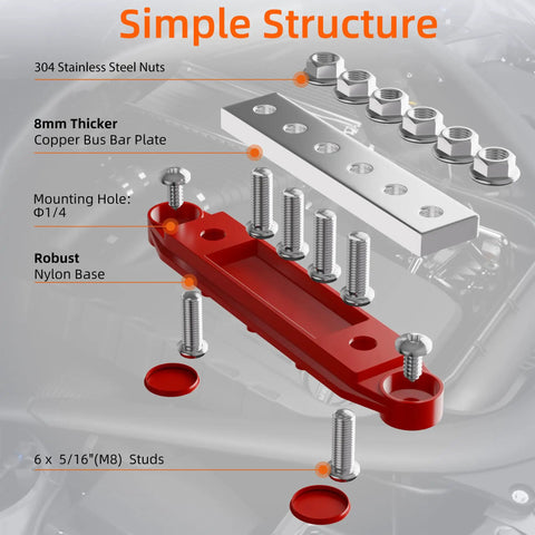 Backyard Builder 400 Amp Bus Bar Power Distribution Block with six M8 studs, red copper plate, stainless steel nuts, and nylon base.