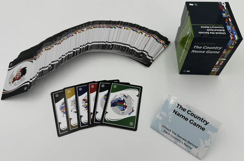 Fun Geography And History Game With 225 Country Names And Capitals Flash Cards for students, box and cards spread on table