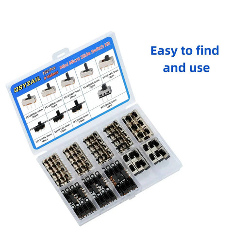 132 Piece Slide Switch Kit Micro Mini Toggle Switches SPDT 1P2T 2 Position 3 Pin in open case showing assorted switches