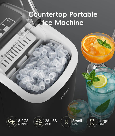 Top view of Portable Countertop Ice Maker Machine With 8 Cubes In 6 Minutes 26 Lbs Per Day Bullet Ice In Two Sizes, open lid.