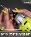 Hands demonstrating quick-release hex chuck on DIY Friendly Cordless Impact Driver Kit With 20V Power And 1350 In Lbs Torque.