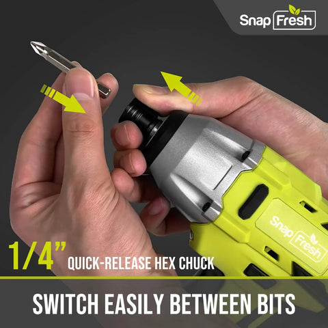 Hands demonstrating quick-release hex chuck on DIY Friendly Cordless Impact Driver Kit With 20V Power And 1350 In Lbs Torque.