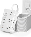 25Ft Heavy Duty Extension Cord With Flat Plug Surge Protector Featuring Six Power Outlets Dual Usb C And Dual Usb A Ports Delivering Pd20W Fast Charge, flat white design with multiple outlets.