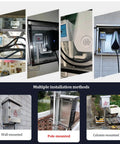 Various installation views of Tough As Nails Heavy Duty EV Charger Cover With Beefed Up Adjustable Pole Mount Bracket.