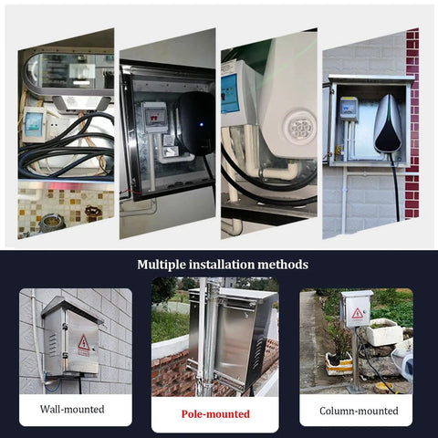 Various installation views of Tough As Nails Heavy Duty EV Charger Cover With Beefed Up Adjustable Pole Mount Bracket.