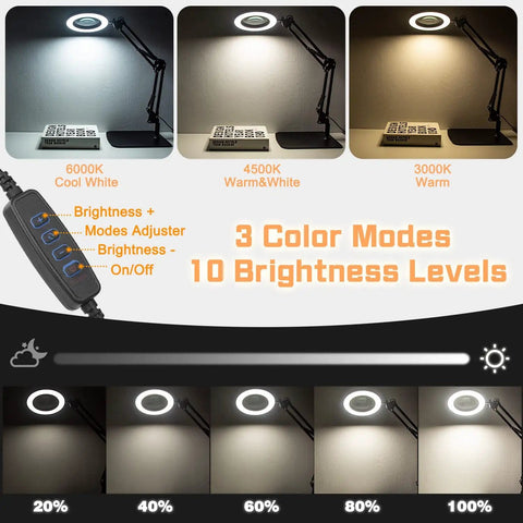 Desk Magnifying Lamp With Light And Clamp Base, 10X And 15X Magnification, 72 LED Glass Lens showing three color modes and brightness levels