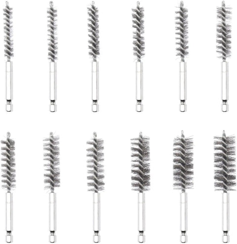 Stainless wire brush drill attachments with 1/4 inch hex shank for power drill or die grinder, 12 pieces for rust removal.