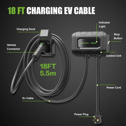 18 FT Charging EV Cable with vehicle connector and control unit for Level Two Ev Charger With 32 Amp 240 Volt Wallbox And 18 Foot Cord Sae J1772 Plug Ready To Juice Your Electric Ride Fast Portable Charging Station For Garage Or Driveway Setup.