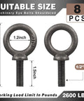 8 Pack 1/2 X 1-1/2 Machinery Eye Bolts Solid Shouldered Design For Rigging And Lifting Handles 600 Pounds Working Load Heavy Duty Steel bolts showing size details.