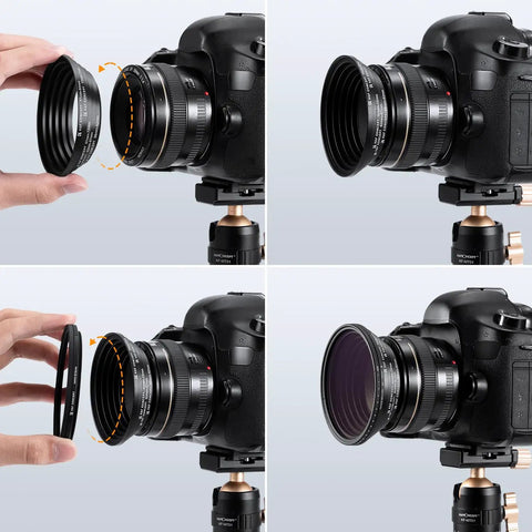 9 Piece Step Up Ring Set And 9 Piece Step Down Ring Set Camera Lens Filter Adapter Kit with metal rings attached to camera lens