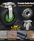 10 Inch Pneumatic Caster Wheel Set of 4 Includes Two Swivel and Two Rigid Plates Tough As Nails Construction Supports A Hefty Six Hundred Sixty One Pound Load with rubber tire for smooth movement.