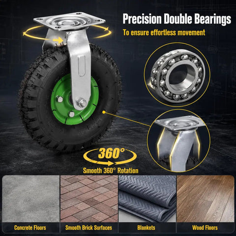 10 Inch Pneumatic Caster Wheel Set of 4 Includes Two Swivel and Two Rigid Plates Tough As Nails Construction Supports A Hefty Six Hundred Sixty One Pound Load with rubber tire for smooth movement.