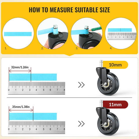 Image showing instructions on measuring wheel stem size for Office Chair Wheel Replacement Set Of 5 11x22mm 3 Inch Black Polyurethane Casters For Hardwood Floors And Gaming Chairs Quiet Smooth Rolling With Precision Ball Bearings Designed For Safe Glide Across Hardwood Tile And Carpet In Shared Offices And Homes.