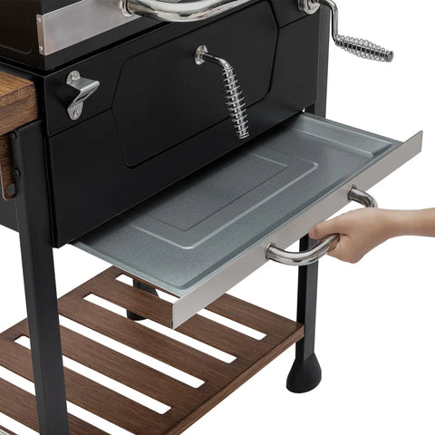 24 Inch Charcoal Grill With Folding Table And Handle Grilling Ready Backyard BBQ Smoker 490 Sq In Total Cooking Space Includes 384 Sq In Porcelain Enameled Grates And 106 Sq In Stainless Warming Rack Height Adjustable Charcoal Pan with removable ash tray
