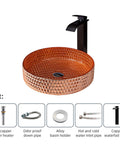 USZWBY Bathroom Vessel Sink Vanity Glass Vessel Bowl Sink Cylindrical Countertop Sink Bowl Above Counter Sink Art Basin with Waterfall Faucet and Pop Up Drain,Gold showing an orange crystal basin with black waterfall faucet.