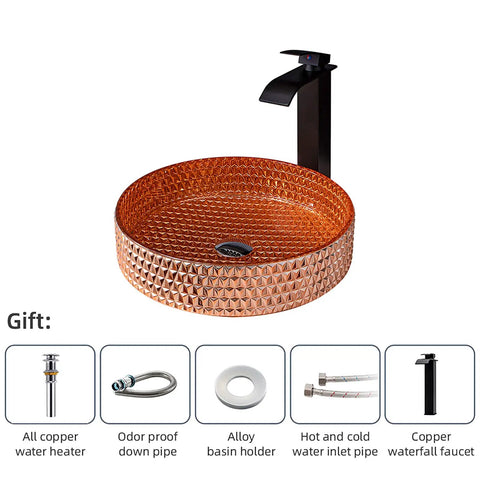 USZWBY Bathroom Vessel Sink Vanity Glass Vessel Bowl Sink Cylindrical Countertop Sink Bowl Above Counter Sink Art Basin with Waterfall Faucet and Pop Up Drain,Gold showing an orange crystal basin with black waterfall faucet.