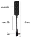 Three Outlet Power Strip With Eighteen Inch Braided Extension Cord Grounded Three Prong Adapter And Low Profile Flat Plug ETL Listed
