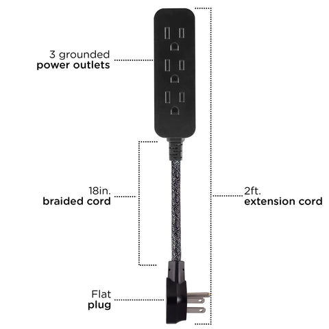 Three Outlet Power Strip With Eighteen Inch Braided Extension Cord Grounded Three Prong Adapter And Low Profile Flat Plug ETL Listed