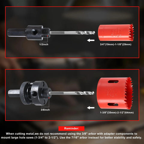 Heavy Duty 16 Piece Cobalt Bi Metal Hole Saw Kit with 1/2 inch and 3/8 inch arbors for cutting wood, plastic, drywall, and stainless steel.