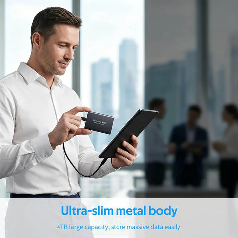 Person holding Beefy 4TB Portable SSD USB-C External Solid State Drive Metal Build For Laptops, PCs, Smartphones, and Gaming Gear.