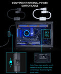 Internal view of PC case showing Platinum 1000W SFX Power Supply With Fully Modular Cables And Fanless Low Noise Mode, switch highlighted.