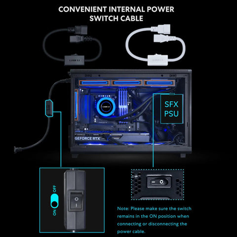 Internal view of PC case showing Platinum 1000W SFX Power Supply With Fully Modular Cables And Fanless Low Noise Mode, switch highlighted.
