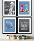 Science Pun Room Decor Set Of 4 Nerdy Lab Wall Art Prints 8x10 Unframed with witty science illustrations on Fuji paper