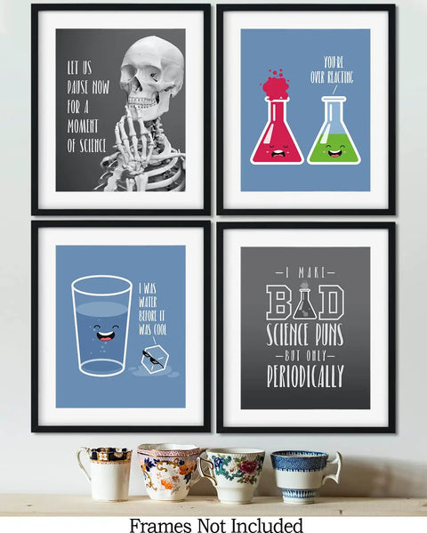 Science Pun Room Decor Set Of 4 Nerdy Lab Wall Art Prints 8x10 Unframed with witty science illustrations on Fuji paper
