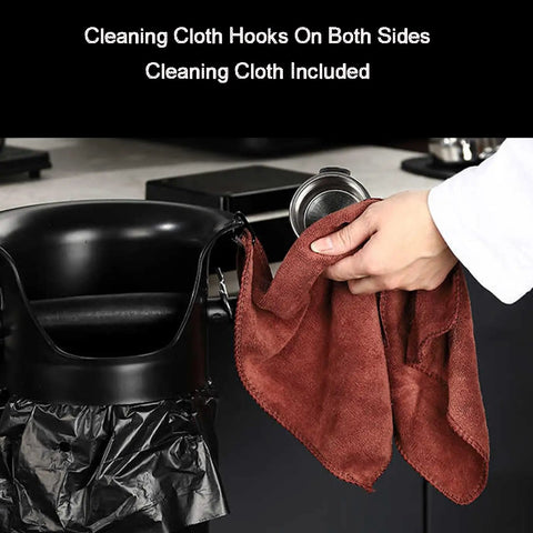 Heavy Duty Espresso Knock Box With Quick Release Drip Tray And Premium Barista Towel, hooks for cleaning cloth on both sides.