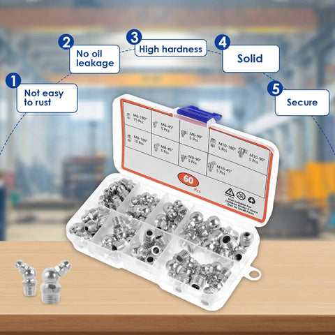 Pro Grade Metric Grease Fittings Kit 60 Or 120 Pcs Featuring 9 Types Galvanized Zerk Set displayed in organized case.