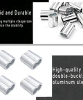 Pack Of 50 Aluminum Crimping Loop Sleeves For One Quarter Inch Wire Rope And Cable, 6mm Diameter, Double Hole Ferrule Crimps, Easy Lock With Vise Or Pliers, Built Tough, Anti Corrosion Durable Aluminum Cable Fittings shown in a 4-pack view