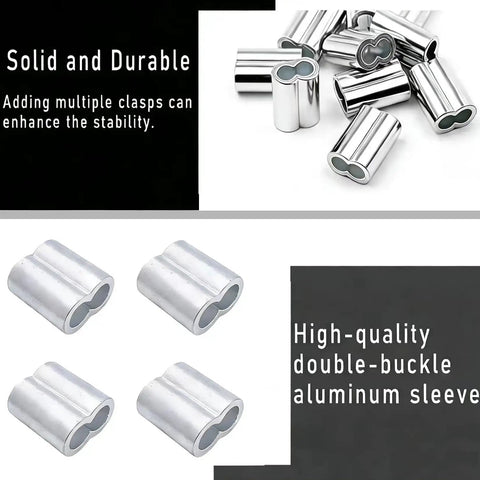 Pack Of 50 Aluminum Crimping Loop Sleeves For One Quarter Inch Wire Rope And Cable, 6mm Diameter, Double Hole Ferrule Crimps, Easy Lock With Vise Or Pliers, Built Tough, Anti Corrosion Durable Aluminum Cable Fittings shown in a 4-pack view