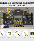 Heavy Duty Power Tool Organizer With Built In Charging Station And 200 Pound Load Capacity Three Tier Wall Rack Eight Drill Holders Two Side Pegboards And Extra Hooks For A Super Handy Garage Or Workshop installed view with tools
