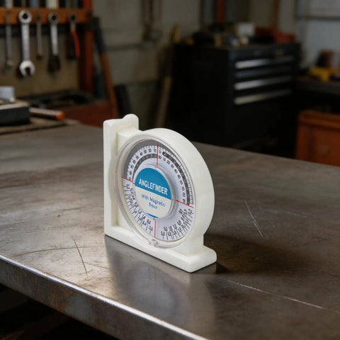 Digital Inclinometer Angle Finder With Magnetic Base for Pros and DIYers shown on workbench