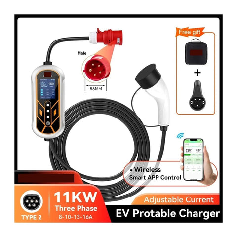 No Sweat Highway Ready Portable Type 2 EV Charger 11KW 16A 3 Phase WiFi App Control with 5m cable and smart display