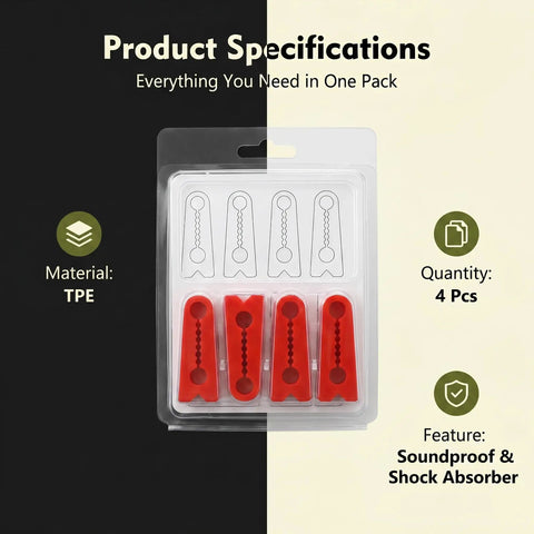 Pro Grade 4 Pack Car Door Shock Absorbers, Heavy Duty Silicone Slam Stopper Buffers, Universal Auto Door Dampers For A Buttery Smooth Shut And Zero Loud Slams (Red) in TPE packaging.
