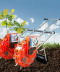 Double Row Garden Seeder Spreader Walk Behind Manual Seed Planter for sowing seeds in rows, showing red wheels and handle