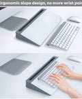 Clear Glass Desk Whiteboard With Storage Tray And All In One Desktop Organizer For To Do Lists Memo Notepad Dry Erase Board A Real Game Changer For Quick Memos Meetings Home Office And School Use Gray Finish, showing ergonomic slope with hands typing