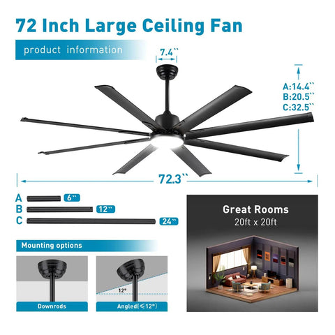 72 Inch Industrial Smart Ceiling Fan With Light And Remote Control Via WiFi Alexa Beast Mode Power With 8 Black Aluminum Blades 6 Speed Noiseless DC Motor Indoor Outdoor Ceiling Fan For Patio Garage And Workshop