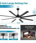 72 Inch Industrial Ceiling Fan With Light And Remote For Indoor Outdoor Use 8 Aluminum Blades 6 Speed Quiet DC Motor diagram