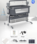 Hassle Free Electric Baby Bedside Bassinet With Built In Bluetooth Speaker And Wireless Remote Foldable Next To Me Co Sleeper Rocker Cradle For Tiny Humans Smooth Glide Motion Sweet Snooze Corner Grey with frame and features displayed.