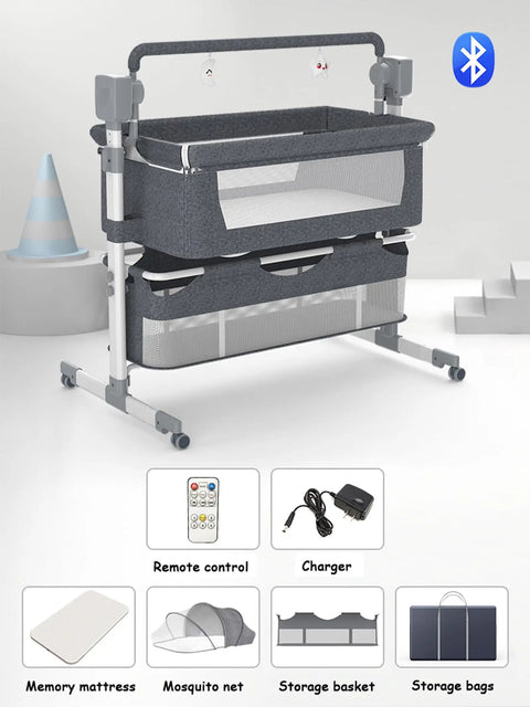 Hassle Free Electric Baby Bedside Bassinet With Built In Bluetooth Speaker And Wireless Remote Foldable Next To Me Co Sleeper Rocker Cradle For Tiny Humans Smooth Glide Motion Sweet Snooze Corner Grey with frame and features displayed.